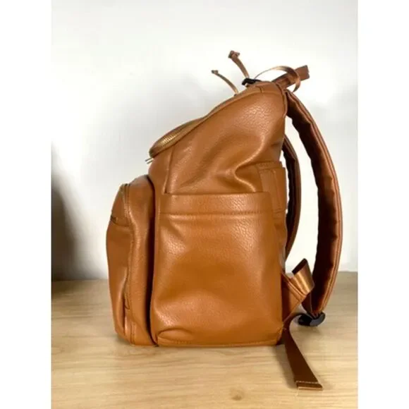 Omanmoli Brown Vegan Leather Diaper Backpack Multi Pocket Baby Bag